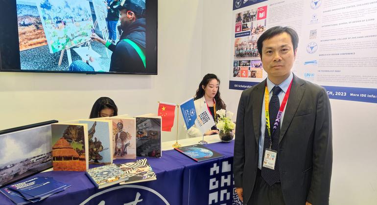 Professor Shijian Luo, Dean of the International School of Design, Ningbo Innovation Centre, Zhejiang University, at an education-related exhibit during the LDC5 Conference in Doha, Qatar.